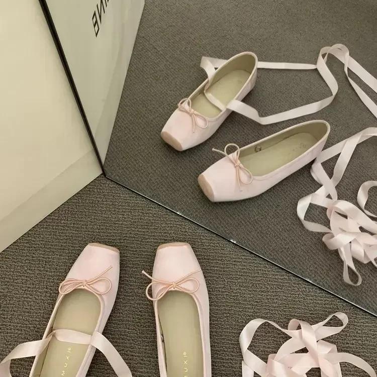 Fashion Women Flats Bow Marie Janes Shoes  New Lolita Dress Square Toe Shoes Designer Walking Sandals Female Elegant Zapatos