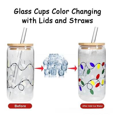 Copo de Vidro Colorido Fofo de 380-600ml com Tampa de Bambu à Prova de Vazamento e Canudo Muda de Cor Quando Exposto ao Frio Presente de Festa de Natal