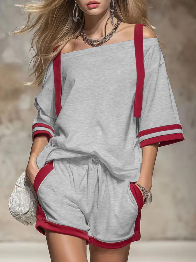 2026 Amazon European and American cross-border spring and summer women's suit off-the-shoulder top + shorts sports and leisure two-piece set