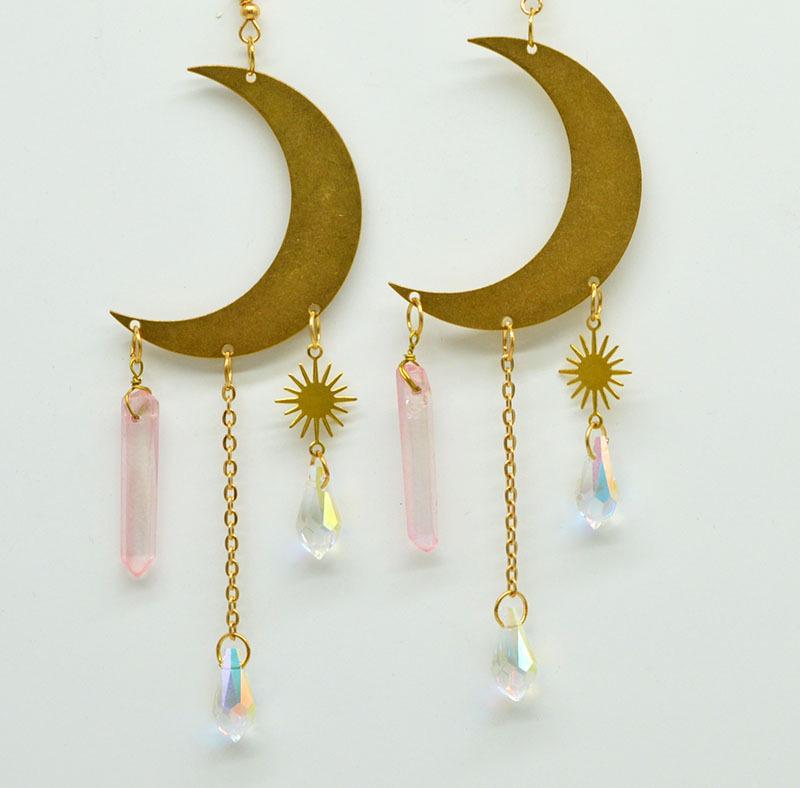 Multi-colored Copper Moon and Sun Raindrop Crystal Earrings