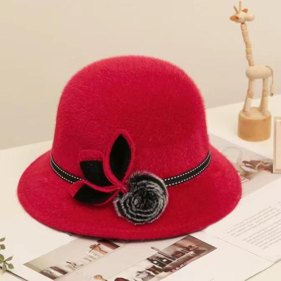 Lady Hat Elegant Wide Brim Keep Warm Solid Color Winter Autumn Ladies Dome Hat with Flower for Daily Wear