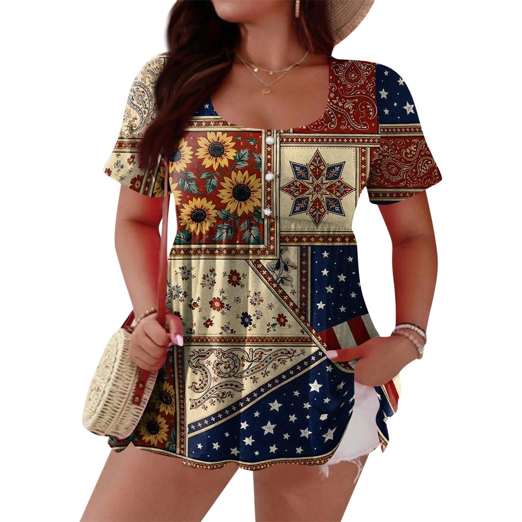 Women's Fashionable Casual Short Sleeve Loose Fit Button Front Printed Blouse