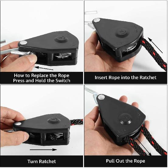 2 Pcs Kayak Rope Tie Downs, 3/8 Inch Canoe Bow and Stern Tie Downs Straps, Heavy Duty Adjustable Rope Clip Tie Down