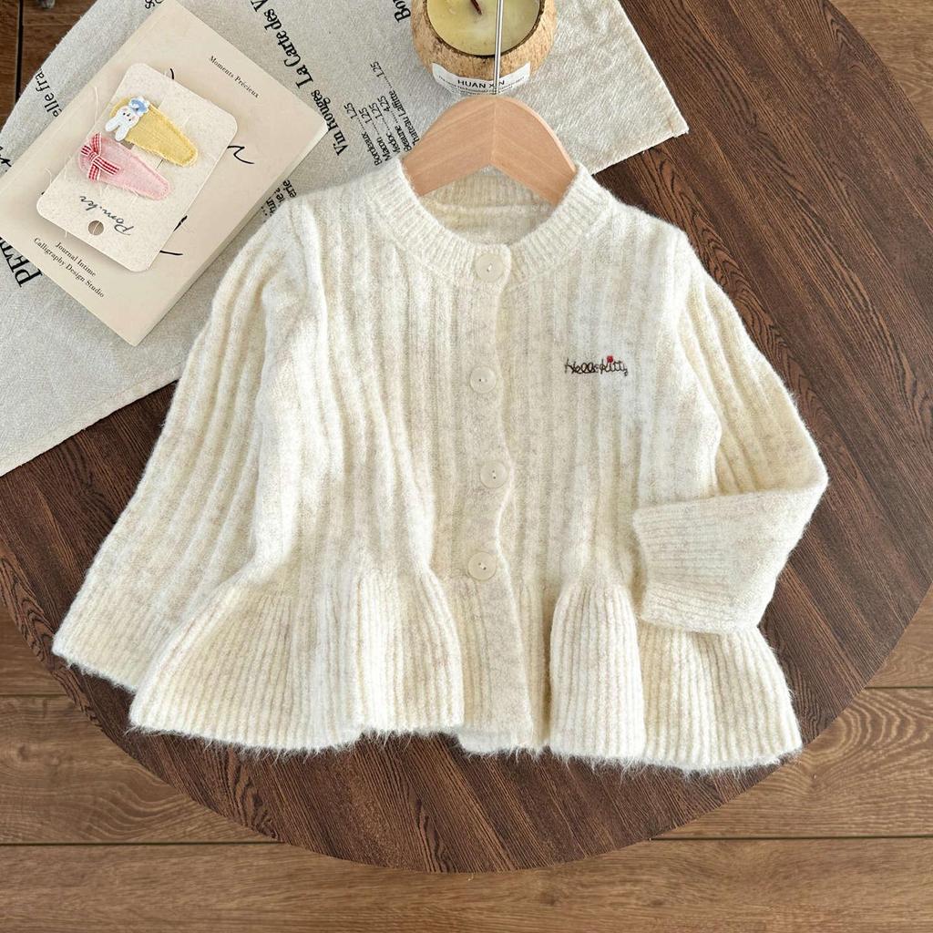 Korean Girls' Cute Cartoon Cardigan & Flared Jeans Set for Autumn