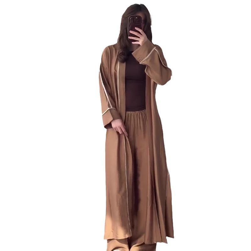 Autumn 2024 Women's Casual Solid Color Long Robe Two-Piece Loungewear Set