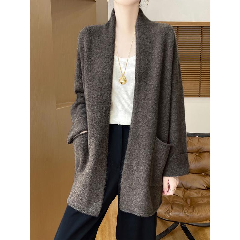 Women's Autumn Mid-Length Wool Knit Cardigan with Pockets - Loose, Lazy Style Shawl