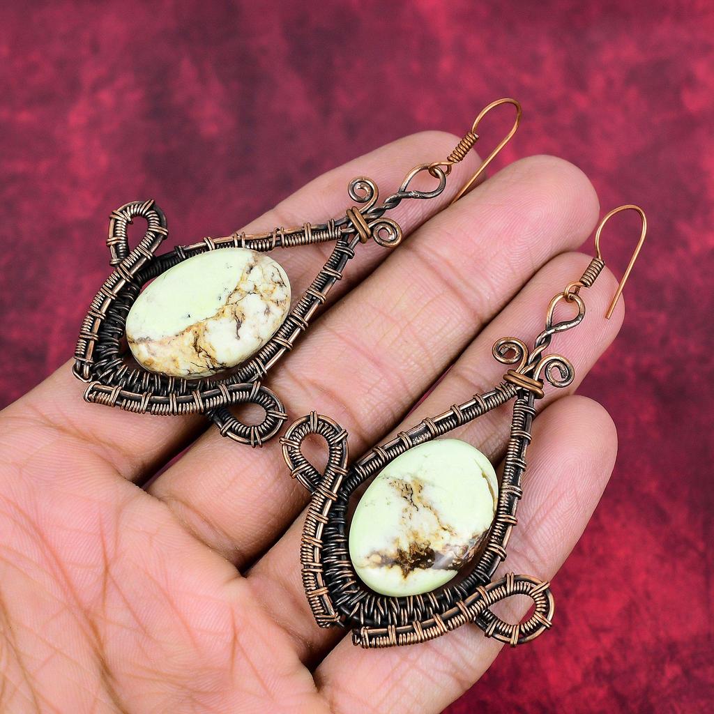 Lemon chrysoprase earring copper wire wrapped earring handmade earring awesome copper jewelry gifts for him gemstone earring antique jewelry