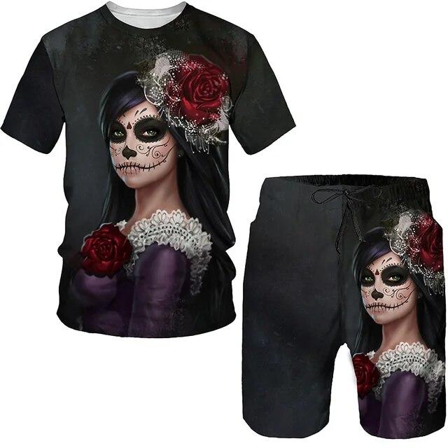 Summer 2 Piece Outfits Sets Tshirt and Shorts Tracksuit Men's Oversized Cloth Streetswear Vintage Skull Gothic 3D Print Men Sets