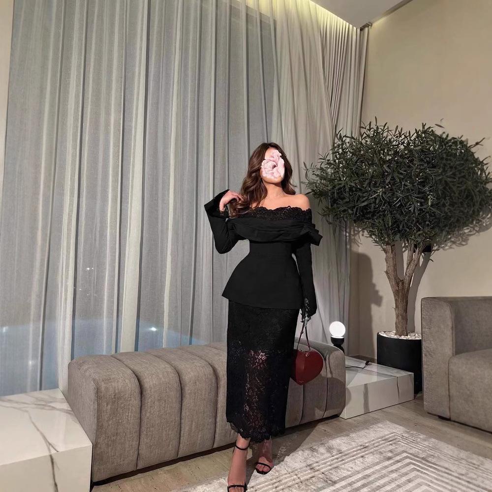 

Черный топ с открытыми плечами и кружевная длинная юбка, элегантное женское вечернее платье с сумкой в виде сердца винного цвета XXL чёрный