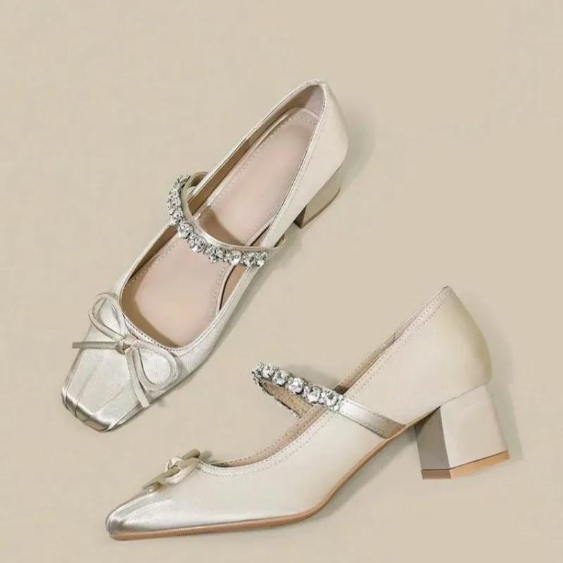 

2025 Elegant Woman Summer Round Toe Ballerina Flats Shoes Cute Silk Satin Rhinestone Casual Flats Female Bow Mary Jane Shoes 35