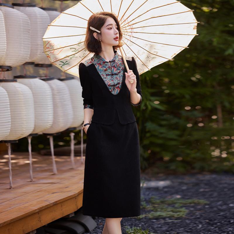 

Платье женское весенне-осеннее новое с длинным рукавом, темпераментное, тонкое, в стиле ретро, с пряжкой, имитация двух частей, юбка 2XL чёрный