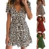 V-Neck Short Sleeve Waist Tight Mini Dress Sexy Leopard Print Women Dress Female Clothing