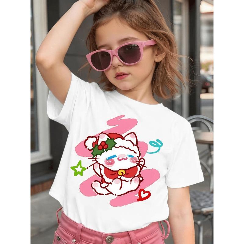 Girls Christmas Cat Red Hat Bell Print Crewneck Short Sleeve Tee, All Seasons Cute Kids Top 110 белый