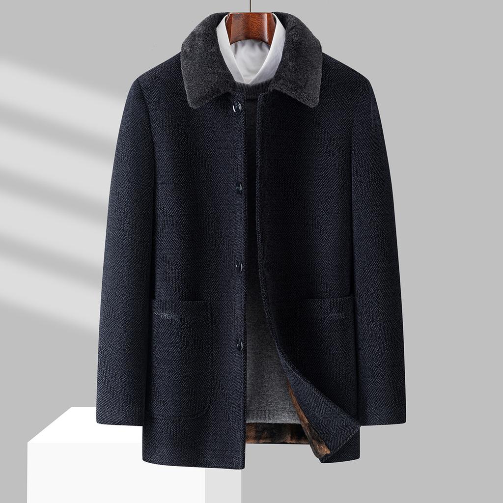 Winter Fur Collar Woolen Coat for Middle-aged and Elderly Men, Plush Lining and Thickened Graphene Heat Storage Jacket