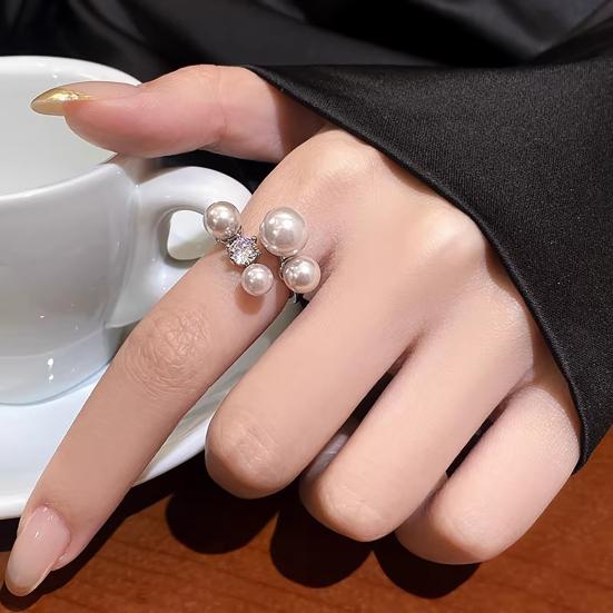 Women Ring French Style Adjustable Opening Finger Ring with Imitation Pearls Cubic Zirconia Design Jewelry Gift