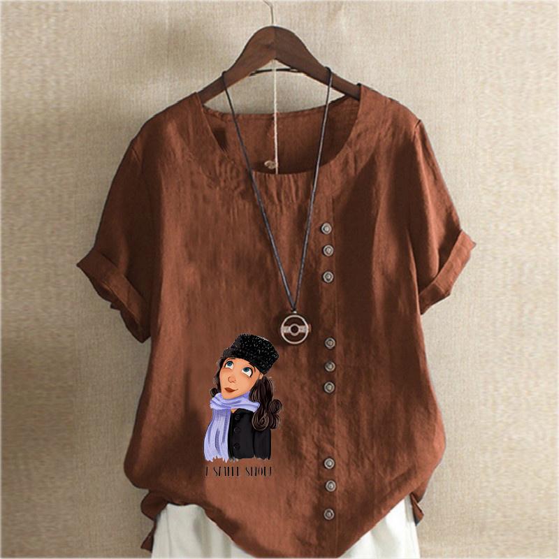 Damen Neue Mode Leinenhemd Rundhalsausschnitt Kurzer Ärmel Schal Mädchen Bedrucktes T-Shirt Sommer Damen Freizeit Große Größen Blusen Oberteile