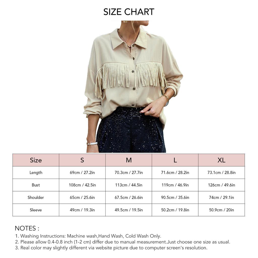 Tassel Long Sleeve Blouse Turn Down Collar Drop Shoulder Button Up Tassel Trim Blouse Shirt Apricot