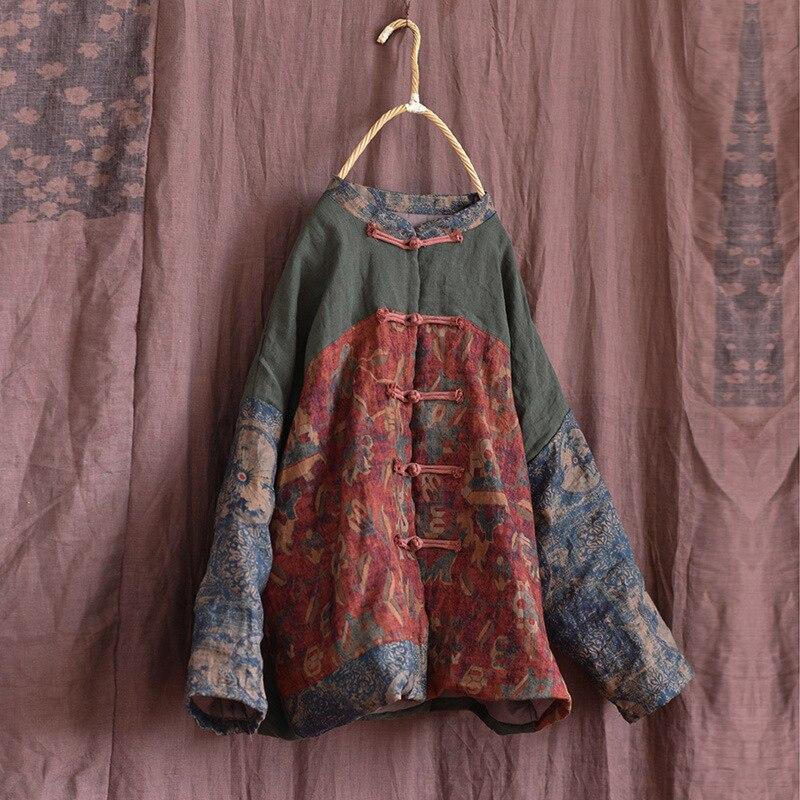 

Johnature Жіночі старовинні парки в стилі печворк із ґудзиками і довгими рукавами, зимовий лляний одяг, парки в китайському стилі One Size зелений