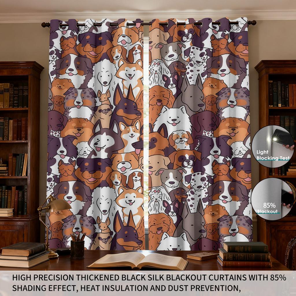 Set Of 2 Cartoon Colored Puppy Park Printed Perforated Curtains Various Sizes Living Room Bedroom Insulation Decoration Light Blocking Made Polyester