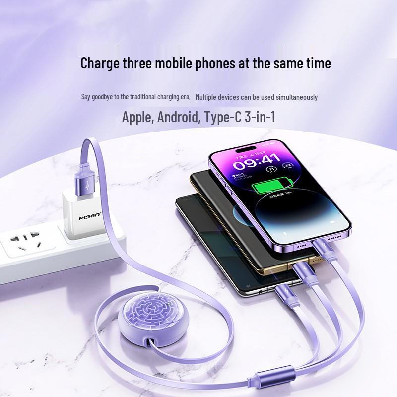 Retractable 3-in-1 USB Fast Charging Cable for Apple, Android, Type-C Devices