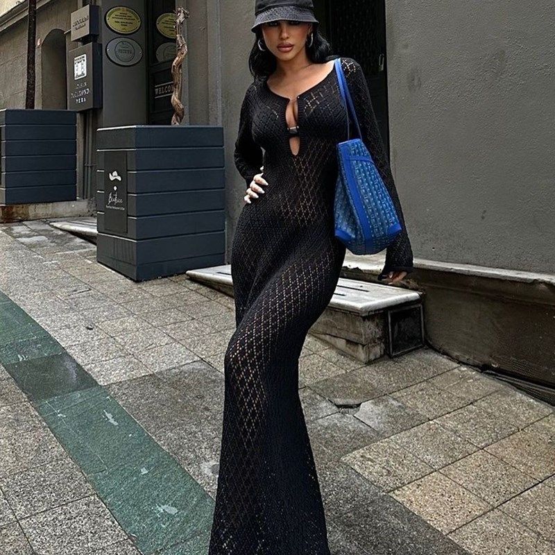 

Vneck Hollow Sexy Knitted Long Skirt Black S