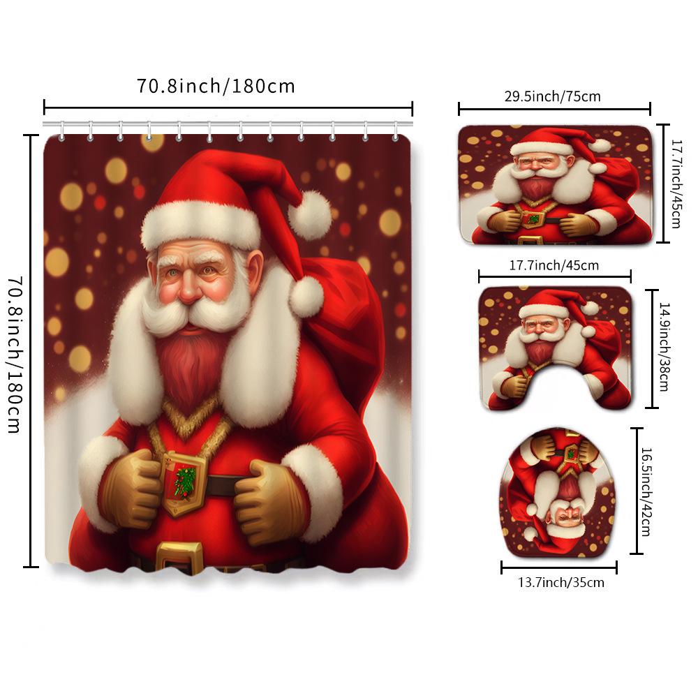 Christmas Toilet Cover Shower Curtain Floor Mat Set Santa Carpet Door Mat Foot Mat Non-Slip Mat