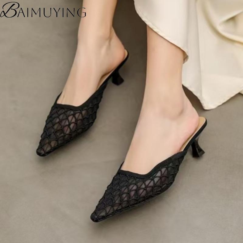 Fashion Pointed Toe Mesh Women Slippers Mules Shoes Woman Summer Heeled Sandals 2025 Fashion Shallow Loafers Sexy Pumps Dress Sandalias