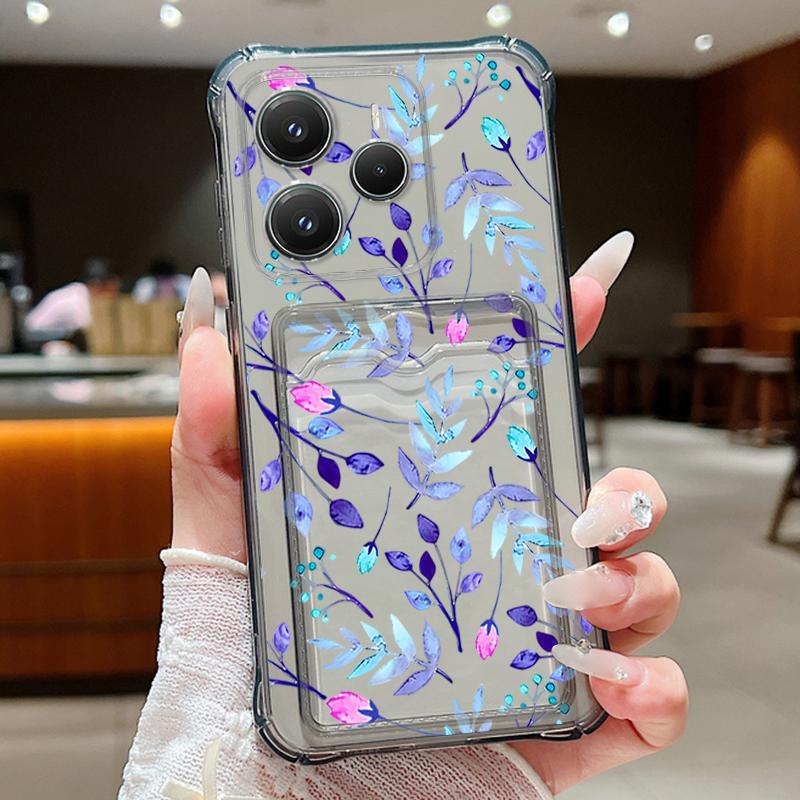 Card Pocket Bag Clear Phone Case For Xiaomi 14T 13T Xiaomi 14T 13T Pro Pink Blue Flower Print Shockproof Soft TPU Silicone Cover