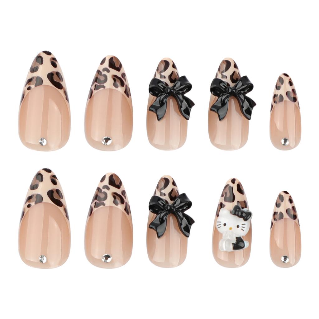 24pcs  Leopard Print Wear Armor Three-dimensional Point Diamond Bow Nail Art Fake Nail Nails