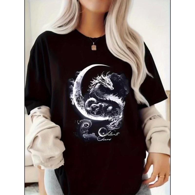 European Size Silent Claws Text Dragon Pattern Print Women's Round Neck Short Sleeve Soft Skin-Friendly T-Shirt