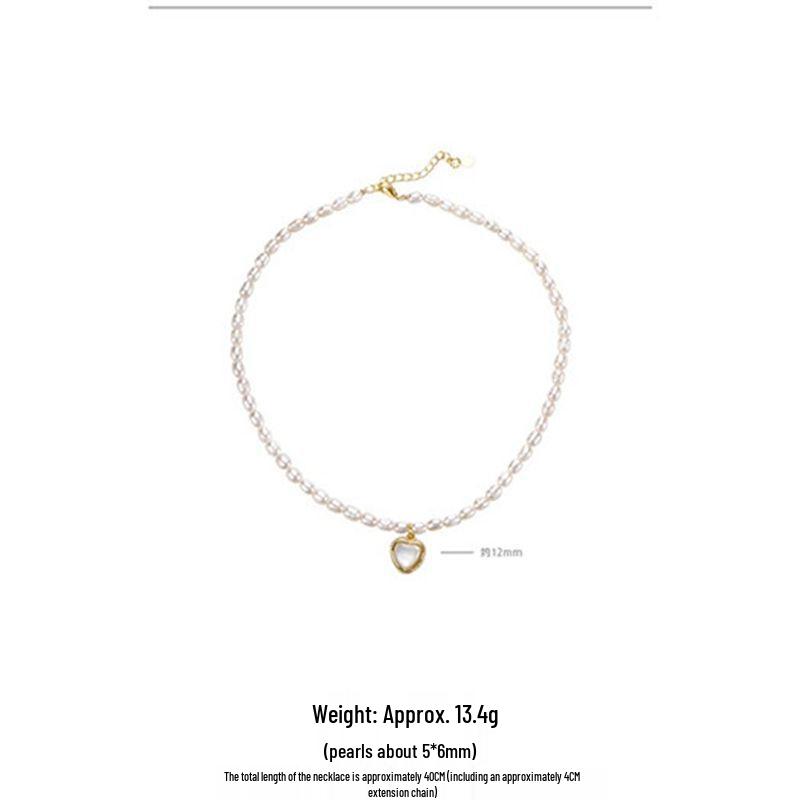 Women's Freshwater Pearl & Abalone Heart Pendant Necklace with Beaded Clavicle Chain