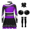 Girls Cheerleading Costume Set Long Sleeve Rhinestone Letter Print Color Block Top Skirt Bowknot Headband Striped Socks Pom Poms