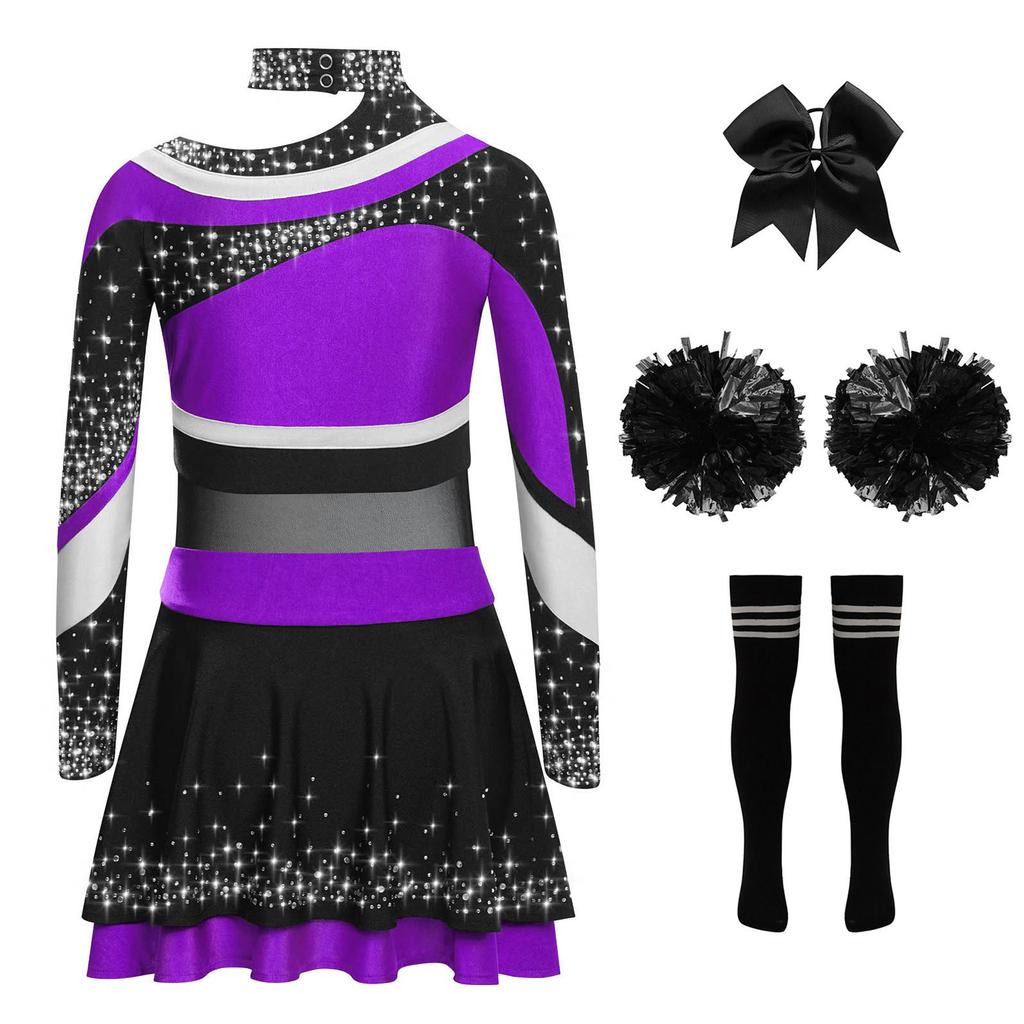 Girls Cheerleading Costume Set Long Sleeve Rhinestone Letter Print Color Block Top Skirt Bowknot Headband Striped Socks Pom Poms
