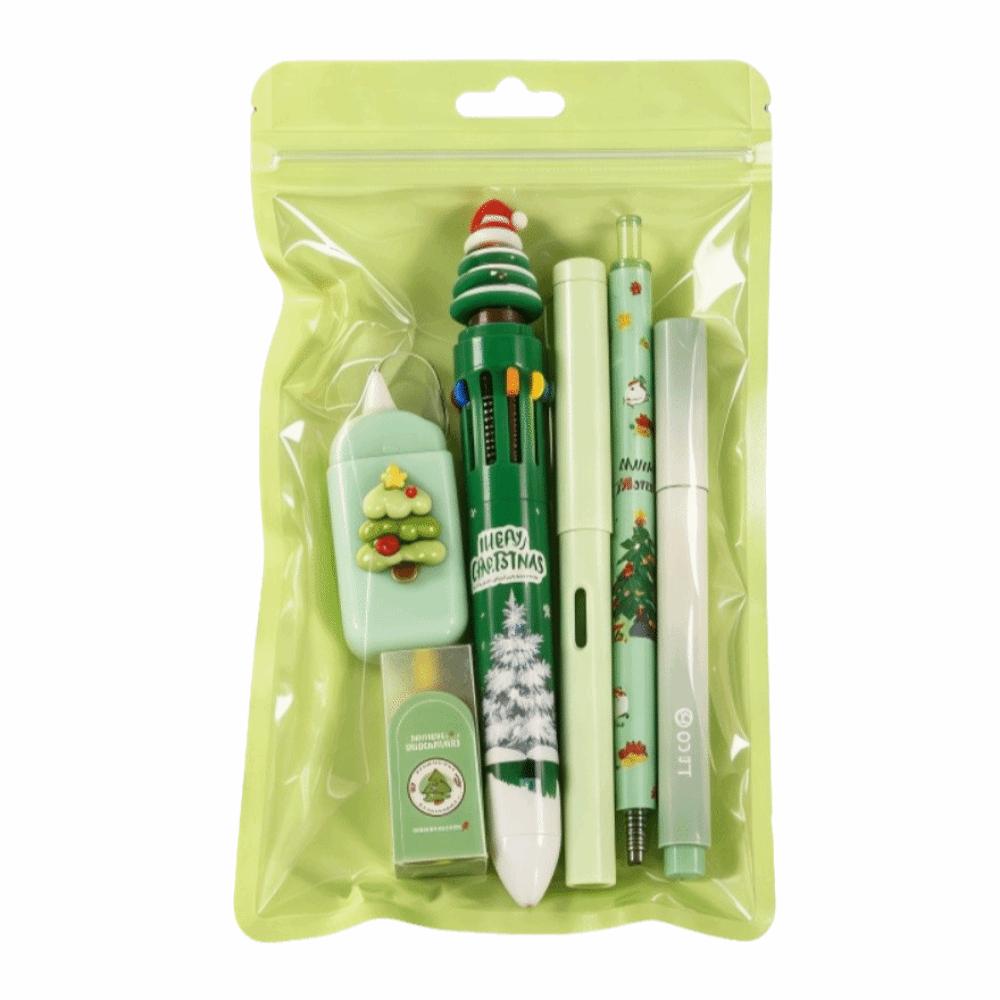 6Pcs/Set Cartoon Christmas Stationery Set 10-color Ballpoint Pen Highlighter Pen Student Tools Gift Kit Correction Tape