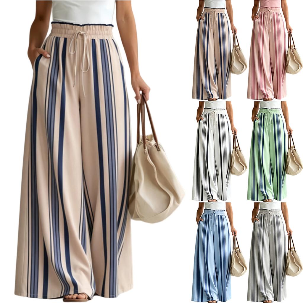 Women Casual Wide Leg Pants Elastic Waist Drawstring Striped Straight Leg Trousers Loose Fit Comfortable Bottoms for Everyday Wear