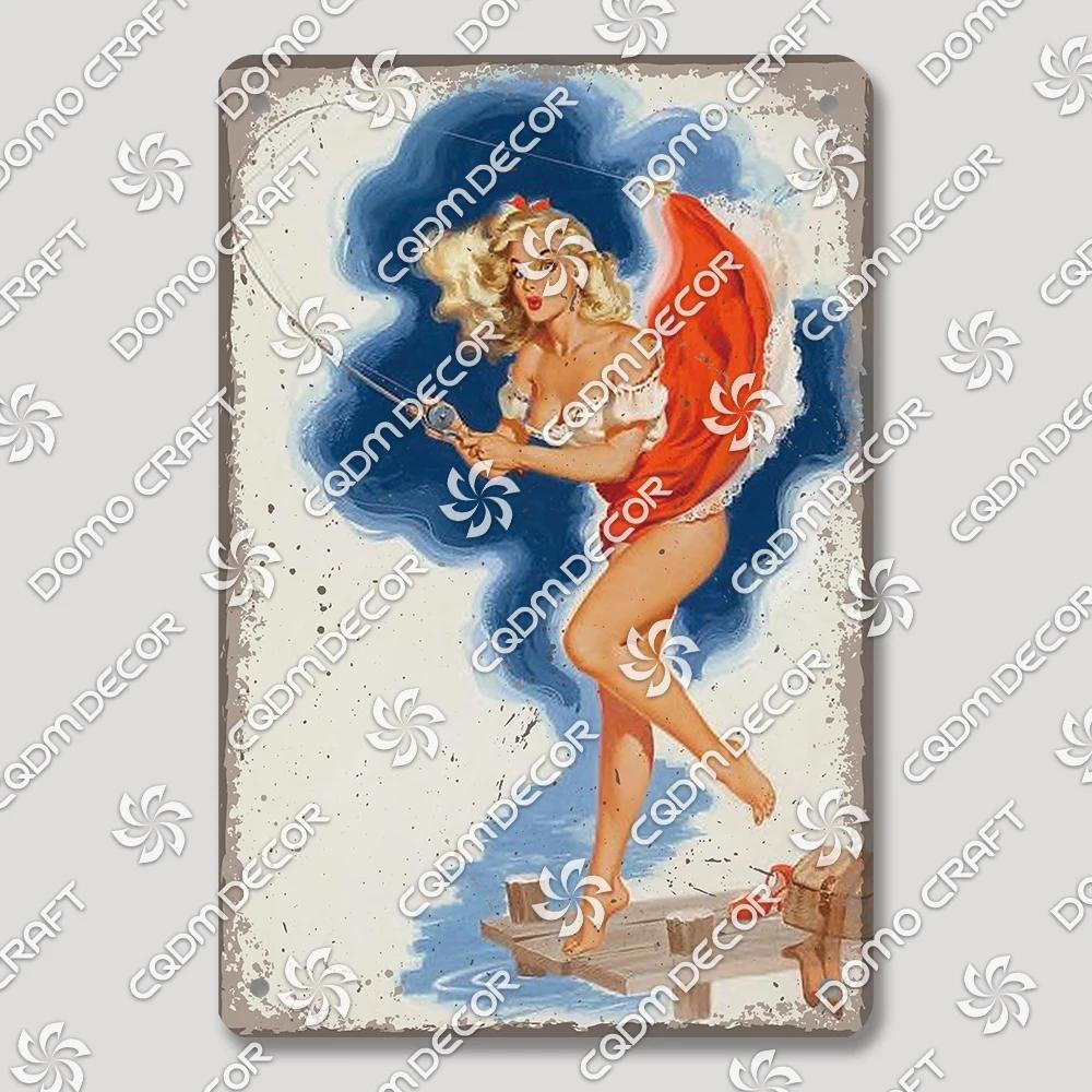 Vintage Znak Metalowy Blaszany Dziewczyny Wędkujące Retro Kobieta z Psami Dekoracja Ścienna dla Klubu Wędkarskiego Dom Wiejski
