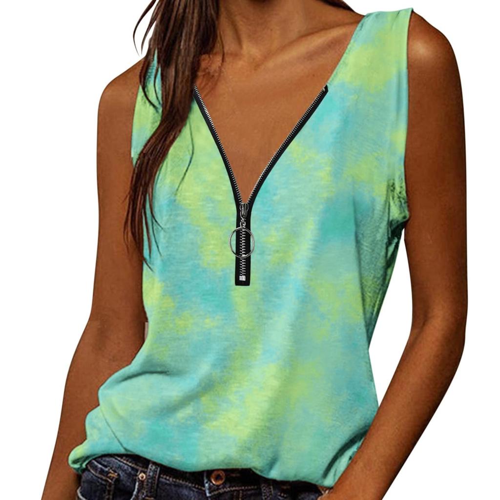 Women's  Fashion Summer New Print V-Neck Zipper Sleeveless Casual Tank Tops