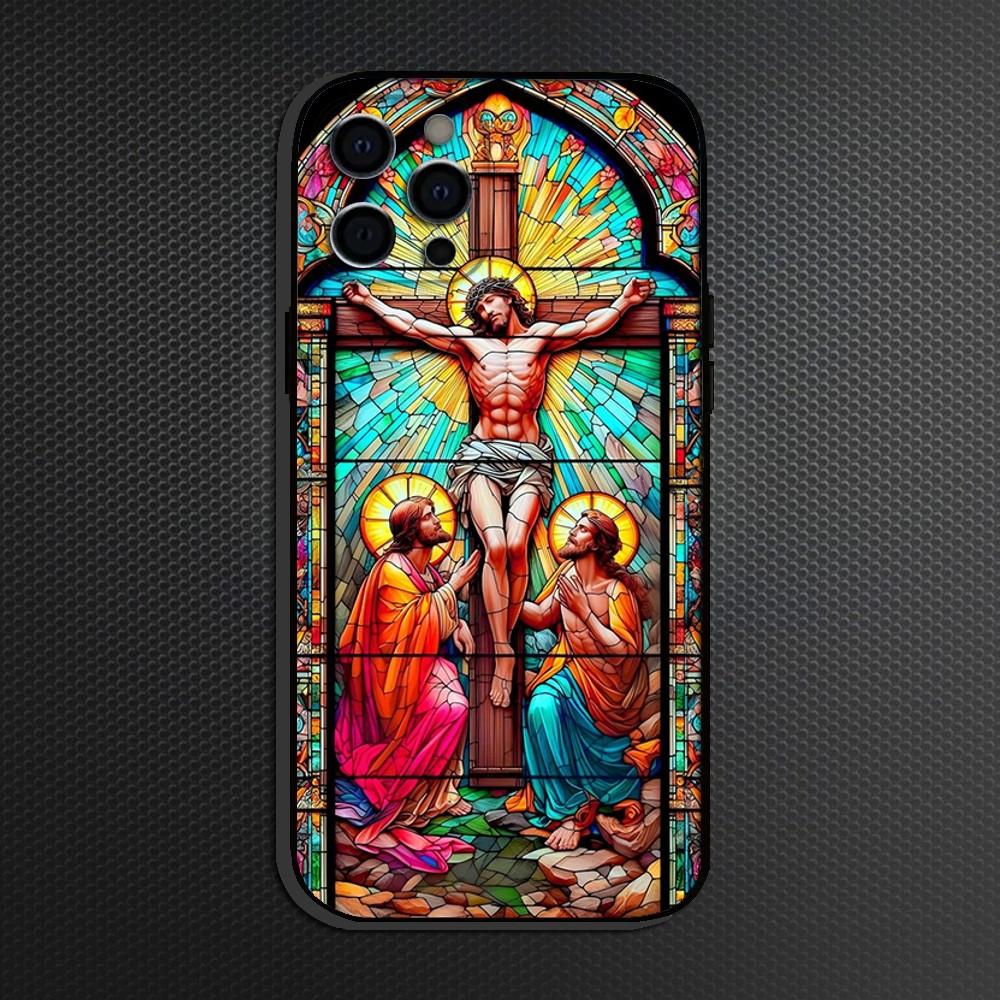 Classic Church Glass Jesus Christ Phone Case For iPhone 16,15,14,13,12,11 Plus,Pro Max, Soft Silicone Black Cover