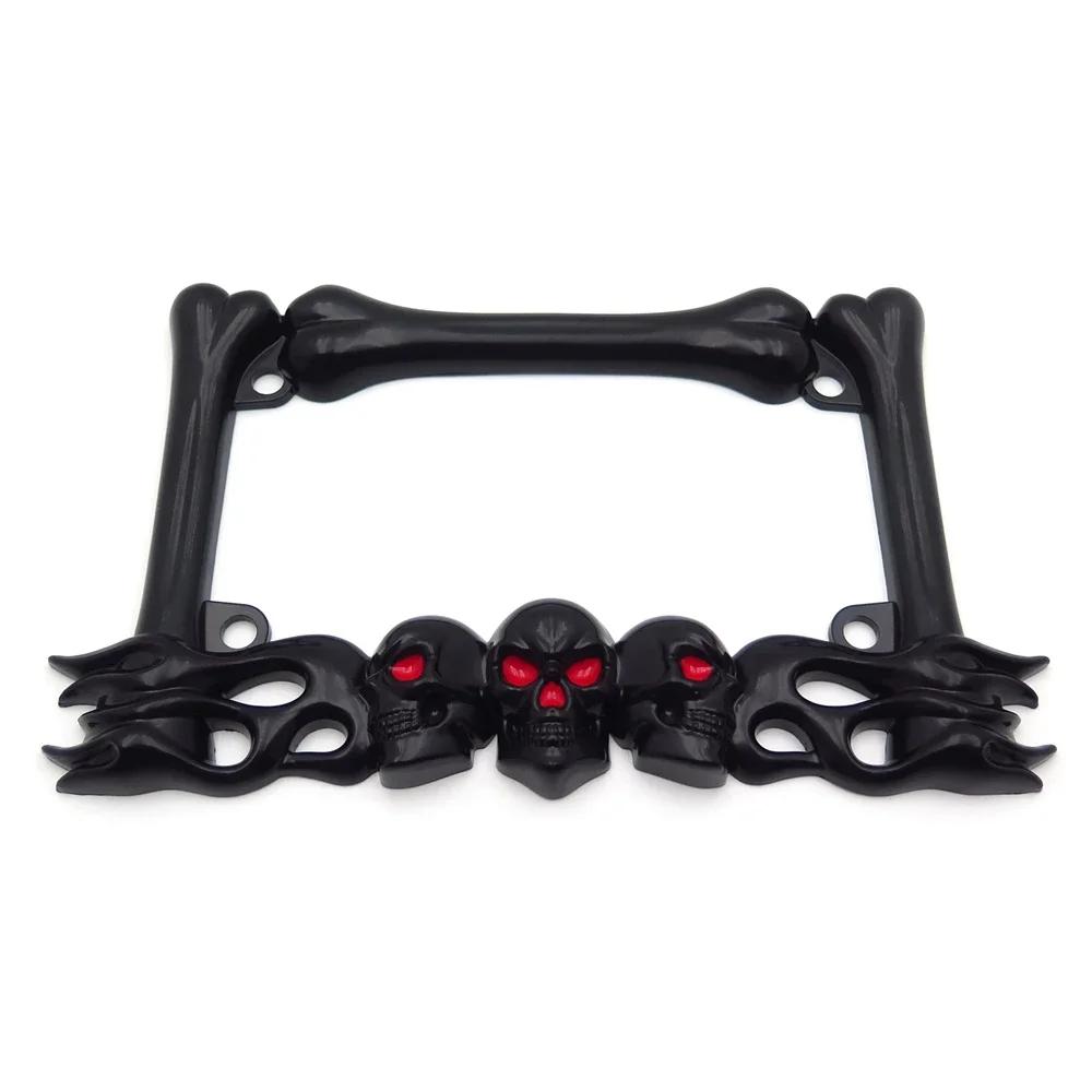 3D SKULL FLAME BONES BLACK MOTORCYCLE LICENSE PLATE FRAME FOR Harley Davidson Motorbike Parts