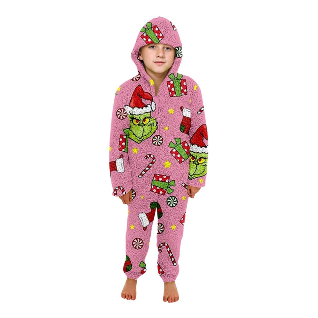 Christmas Print Family Matching Hooded Long Sleeved Zippered Jumpsuit Set