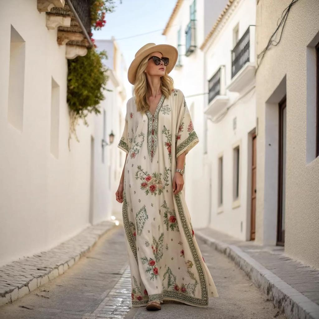 European and American new bohemian women's clothing seaside vacation printing loose kaftan robe dress