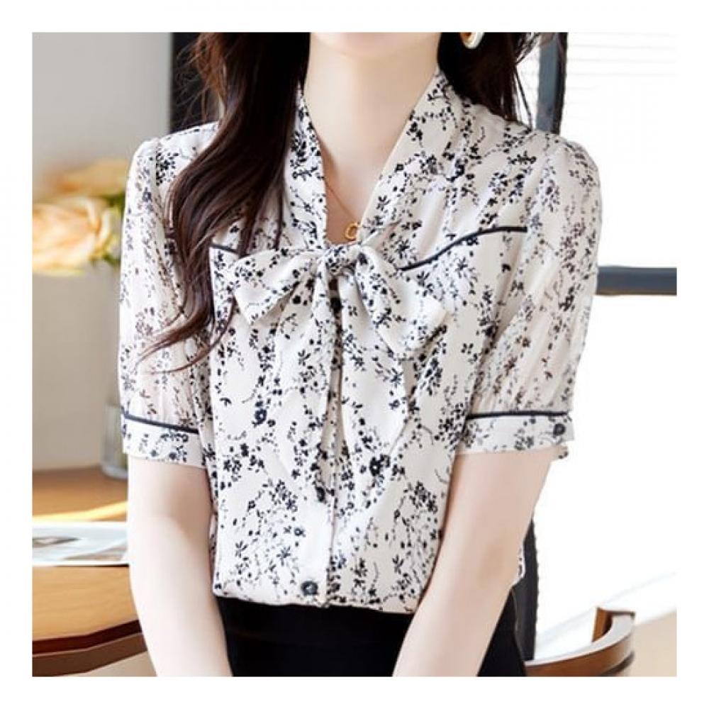Navava Women Flower Pattern Ribbon Neck Short Sleeve Blouse Nb2085
