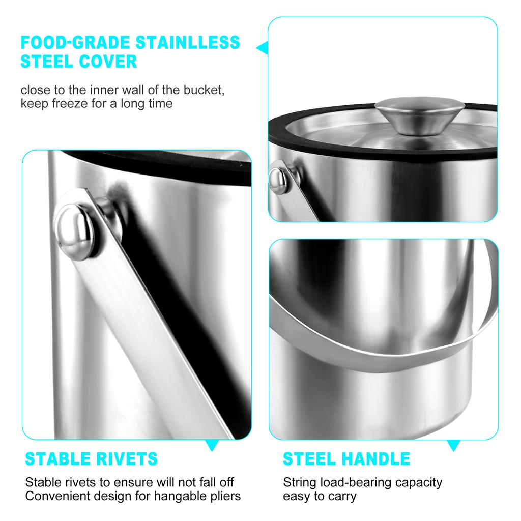 Insulated Ice Bucket with Silicone Lid, Tongs & Strainer, Double Wall Stainless Steel Ice Bucket for Parties and Bar Ice Bucket