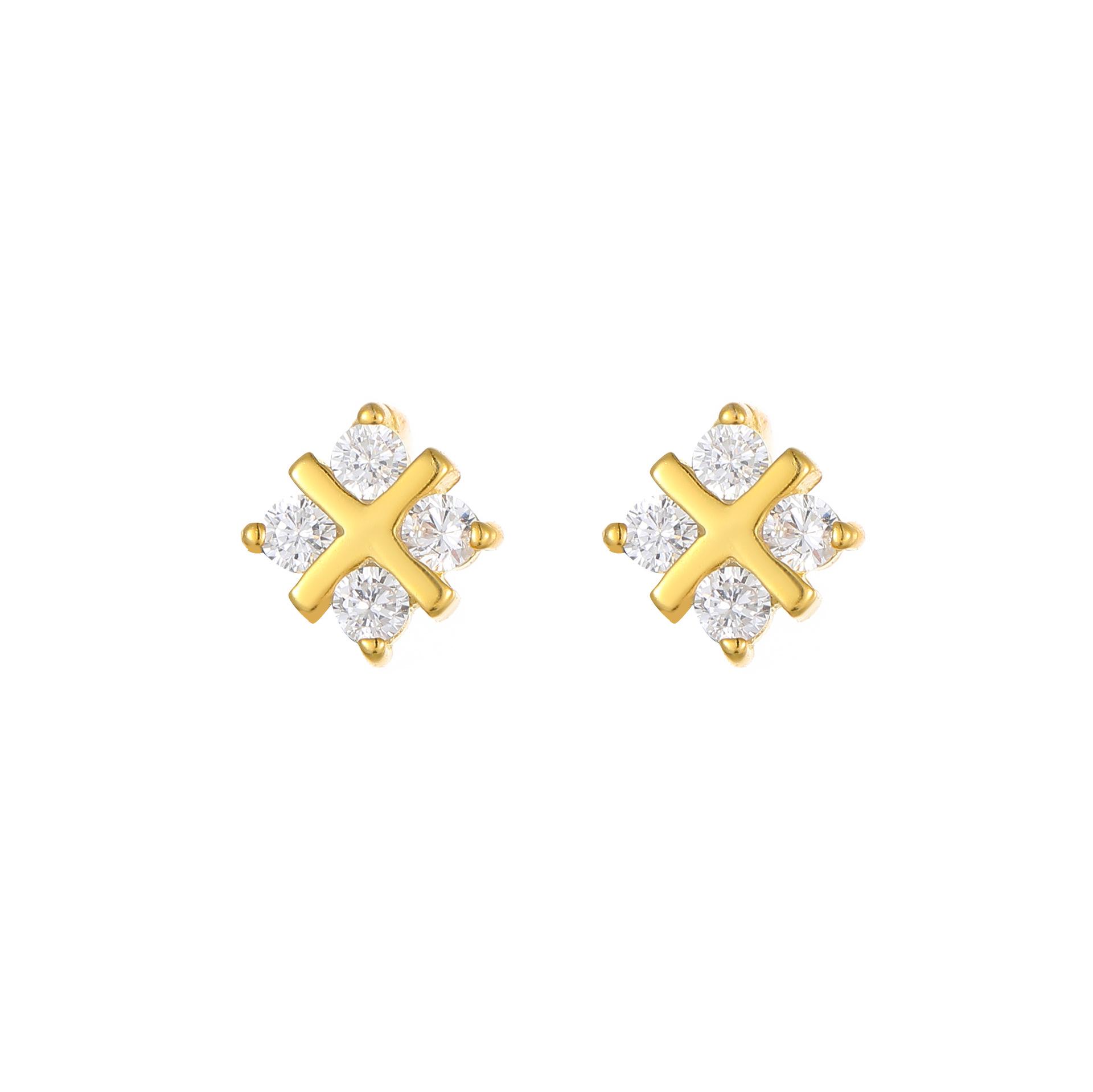 

18K Gold-Plated S925 Sterling Silver Stud Earrings - Rhombus, Cross, Floral Design for Women, Niche Style S925 Silver