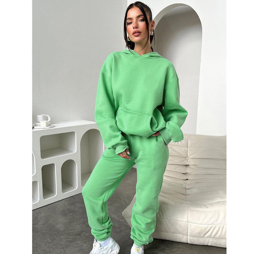 

Женский однотонный комплект осенне-зимнего флисового свитшота с длинными рукавами и капюшоном, модный повседневный толстовка, брючный костюм XXL