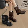 Autumn Winter Belt Buckle Women Pipe Boots Fashion Height Increase Shoes Vintage Platform Thick Sole Ladies Knight Short Booties