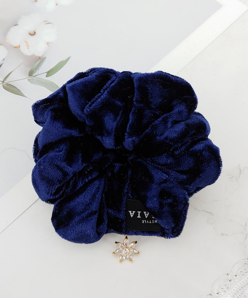 Maia Velvet Crystal Scrunchie - Navy