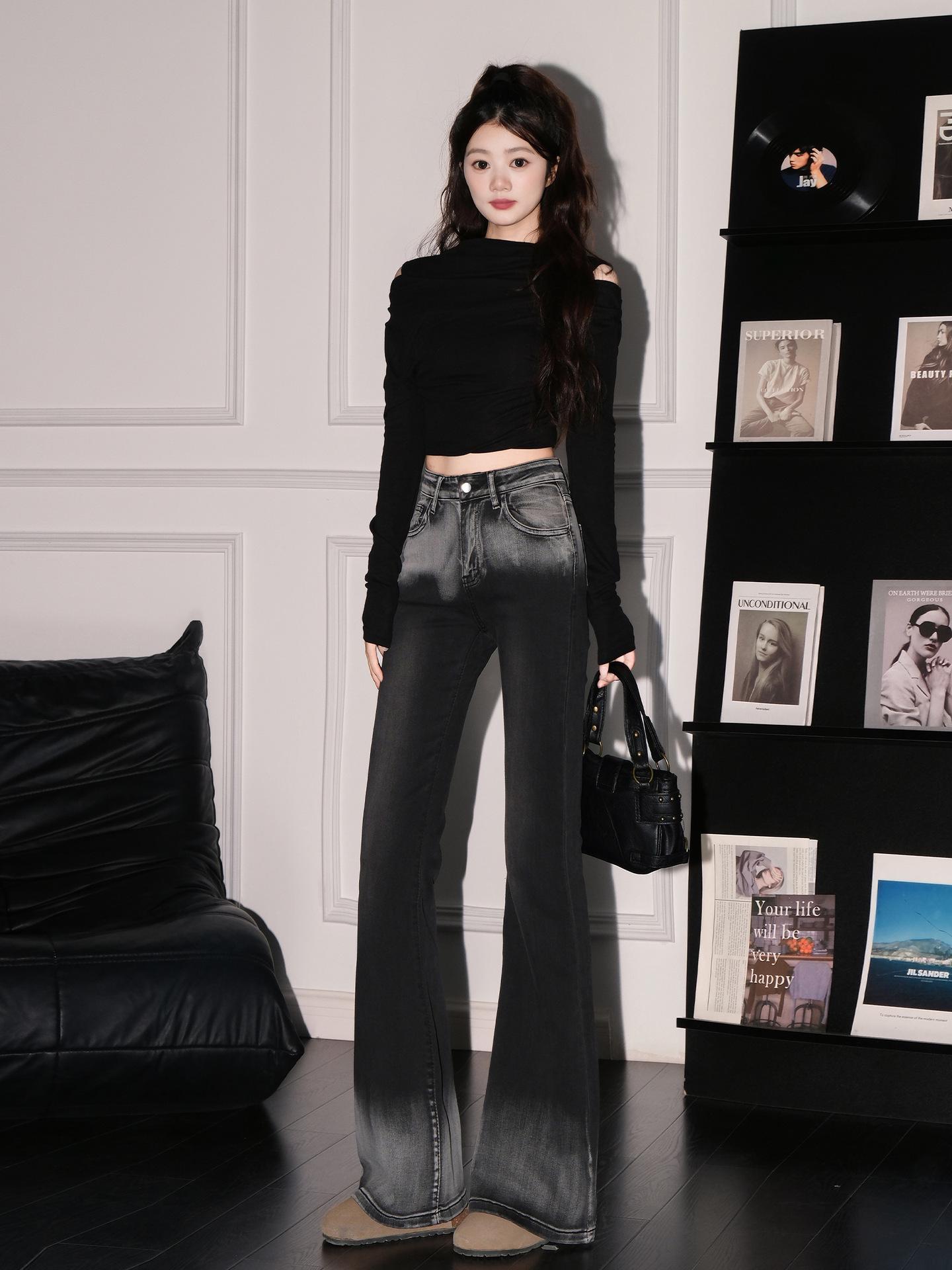 2025 Women s American Black Gradient Micro Flare High-Waisted Jeans L (54-59 kg)