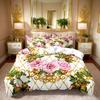3Pcs Luxury Rose Butterfly Duvet Cover Set, Elegant Golden Grid Floral Bedding With Pillowcases, Soft Comfort For Home Decor