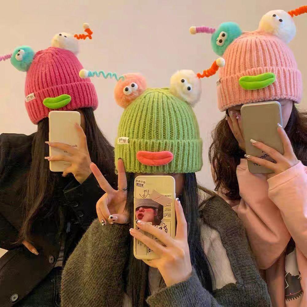 Candy Color Sausage Mouth Beanie Soft Winter Warm Cap Gifts Cartoon Knitting Hat Girls